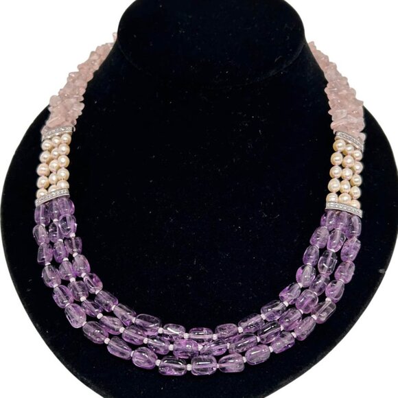 Three Strands Amethyst, Pearl, And Rose Quartz Necklace - Picture 1 of 3